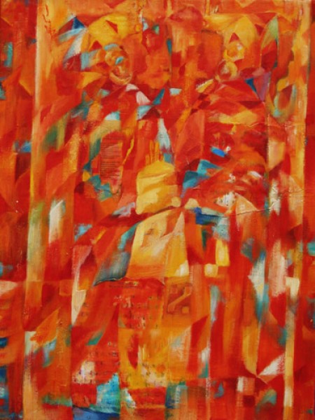 "Rote Indianer"
Eitempera, Kollage mit Text des Liedes Indios Rojos.
80x70   
2005